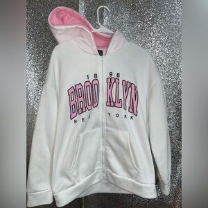 Women Y2K Brooklyn Letter Graphic Zip Up Hoodie Drop Shoulder Jacket Sz L